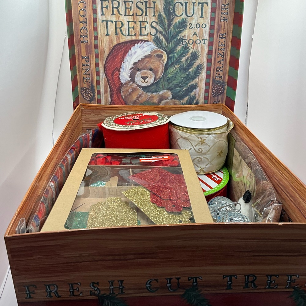 Christmas Mystery Box full of wired designer ribbon, ornaments plus more